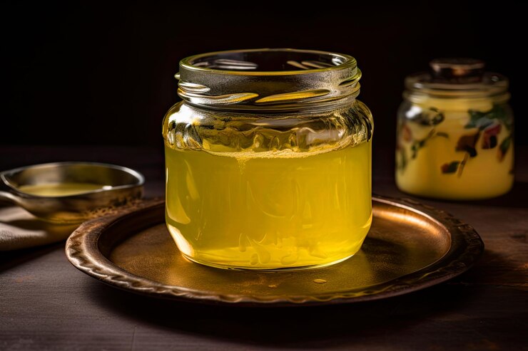 ghee clarified butter jar wooden table
